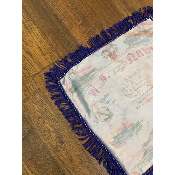 Vintage WW2 U.S. Navy Sweetheart Souvenir Satin Fringe Pillowcase - Blue Sister - Picture 2 of 11